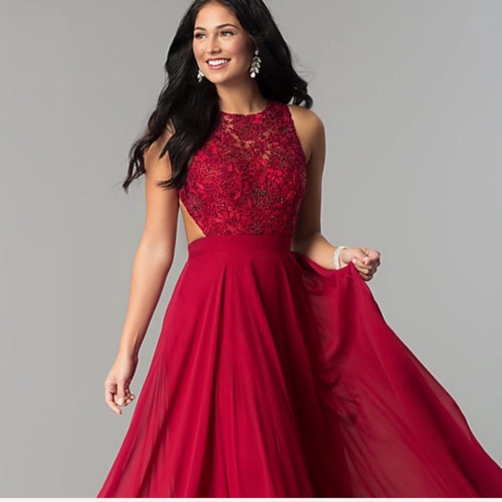 High Neck Burgundy Embroidered Prom Dress